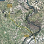 La línea amarilla muestra el futuro puente y la nueva carretera.