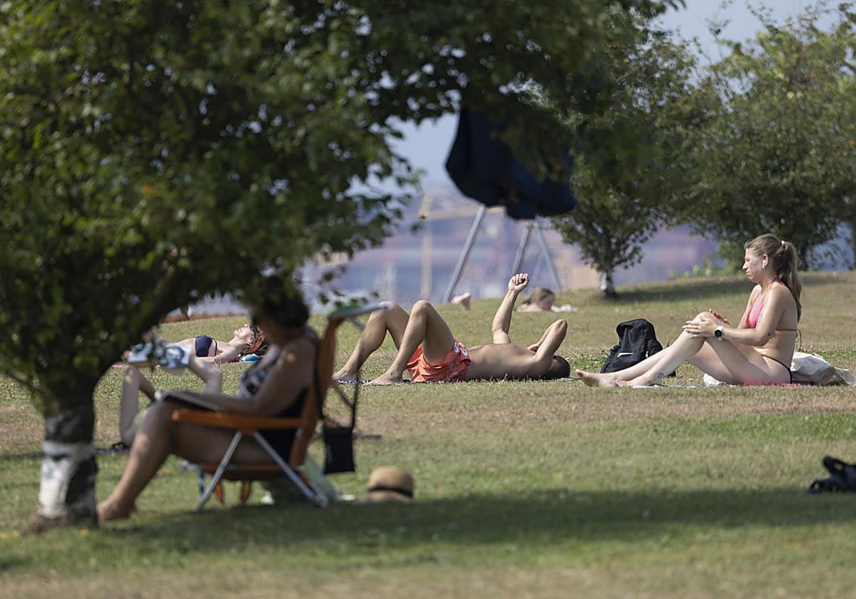 Turistas y vecinos aprovechan, este lunes, el sol en las zonas verdes de Santander.