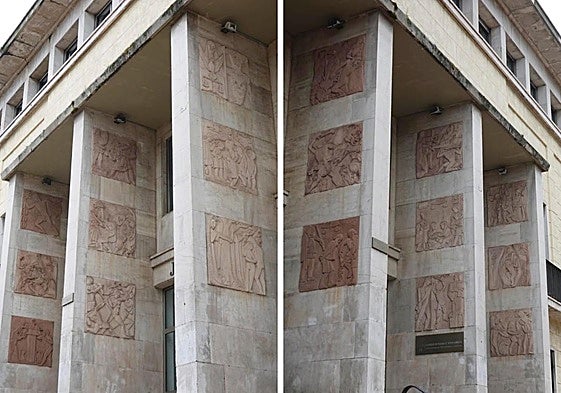 Los símbolo se repiten: el reloj de arena, la paloma de la paz, la balanza, la espada, las cadenas, la sabiduría...