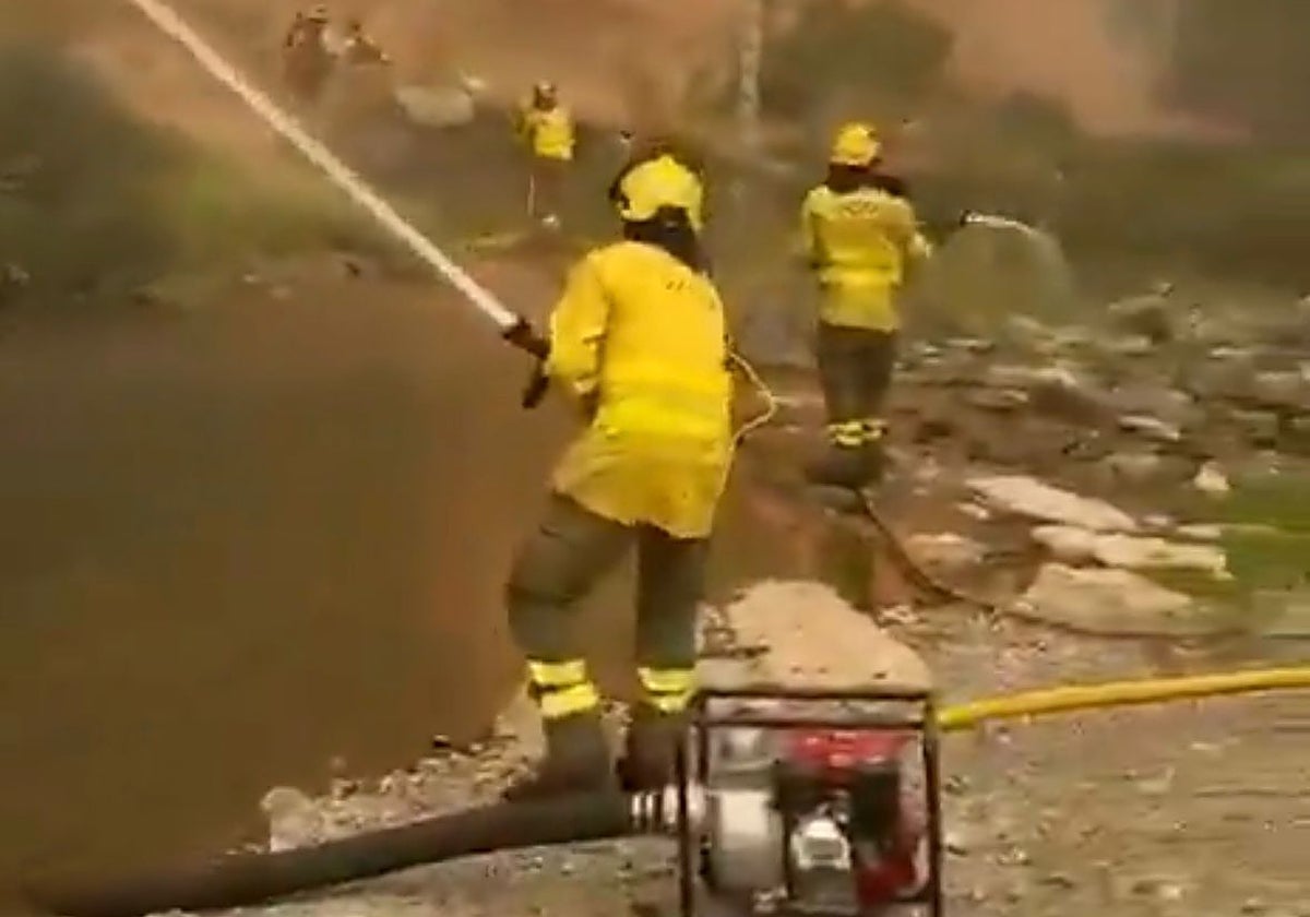 Varios bomberos forestales de EMA Infoca (Andalucía) en Portilla de la Reina (León).