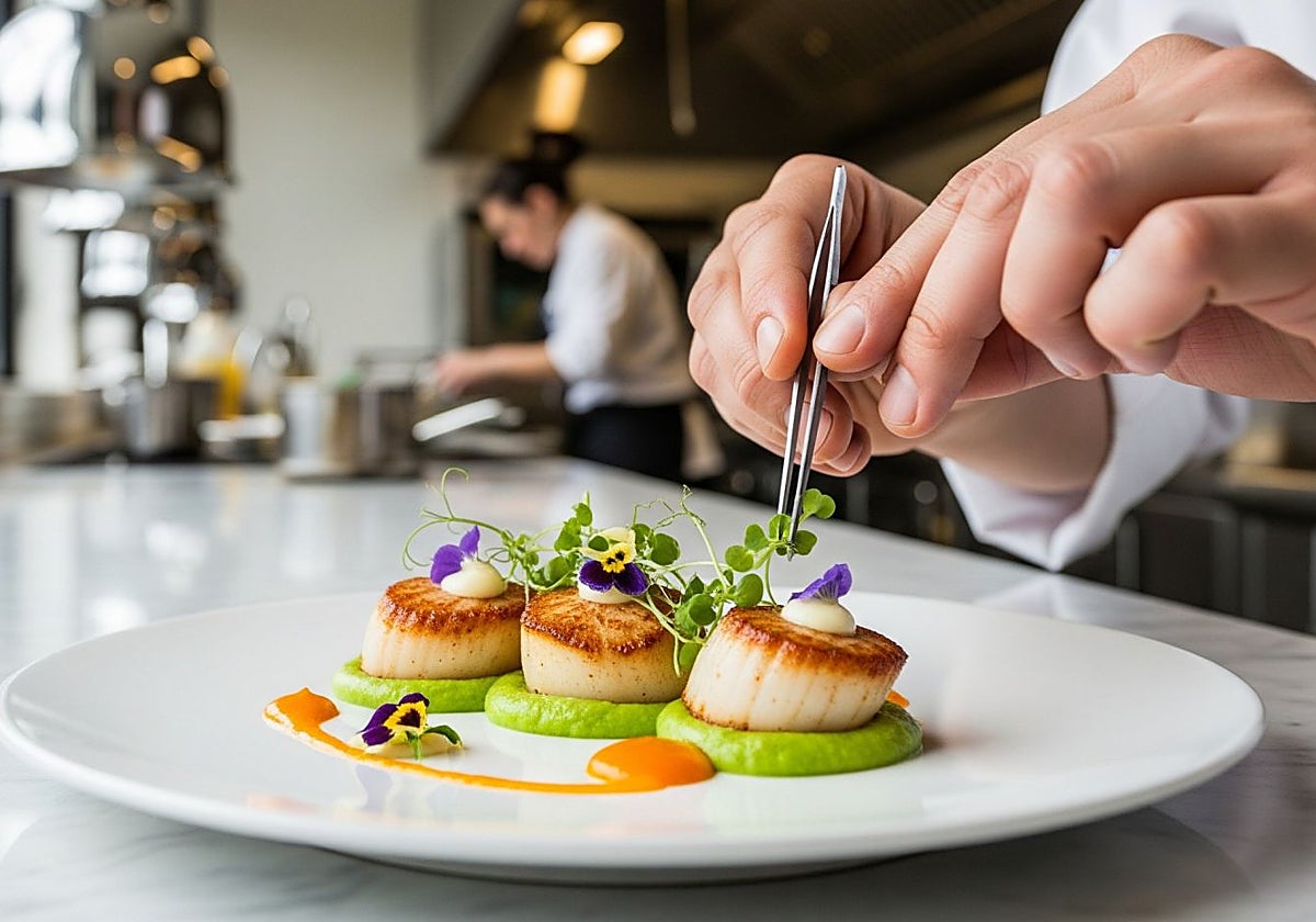 Con ayuda de unas pinzas un chef coloca brotes y pétalos sobre unas vieiras marcadas a la plancha y emplatadas sobre un puré de aguacate.