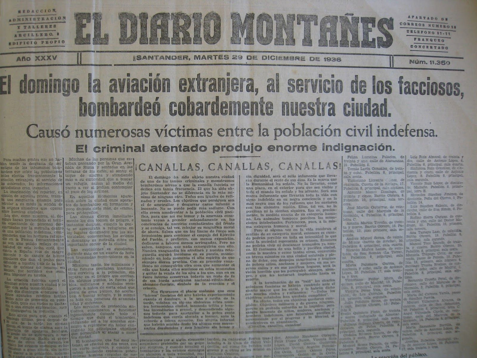 Noticia de 1936 publicada en El Diario Montañés sobre el bombardeo.