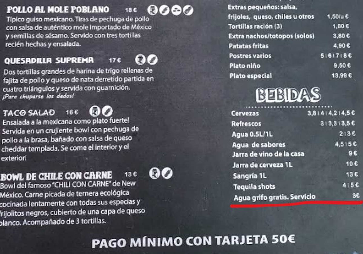 Carta del restaurante nojeño aportada por Facua en la denuncia.