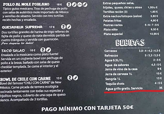 Carta del restaurante nojeño aportada por Facua en la denuncia.