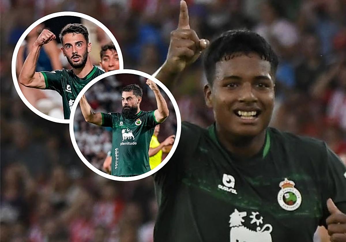 Jeremy, tras marcar uno de sus tantos en Almería. A la izquierda, Andrés Martín y Villalibre.