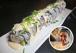 Maki frío de aguacate, queso crema, surimi, langostino y salsa. En el círculo, Katherine Alejandra Barahona, jefa de cocina y propietaria.