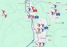 En azul las boleras abiertas y en rojo las que están en desuso.