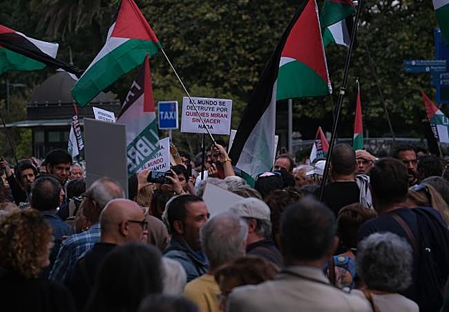 Carteles reivindicativos y banderas de Palestina, protagonistas de la concentración.