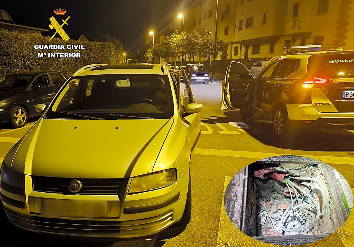 Vehículo interceptado por la patrulla en la intervención de Cartes, con detalle de una arqueta con cables cortados.