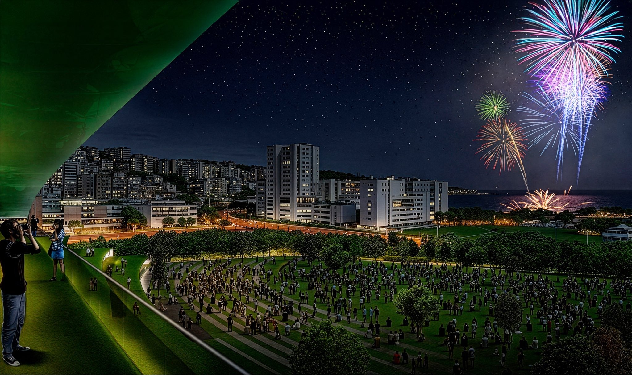 Recreación d ela nueva plaza junto a Mesonas vista desde una de las terrazas del edificio este.