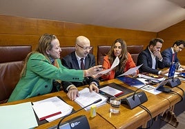 Leticia Díaz, Jesús Arteaga y Paula Fernández intercambian papeles durante la comisión de Presidencia y Justicia.