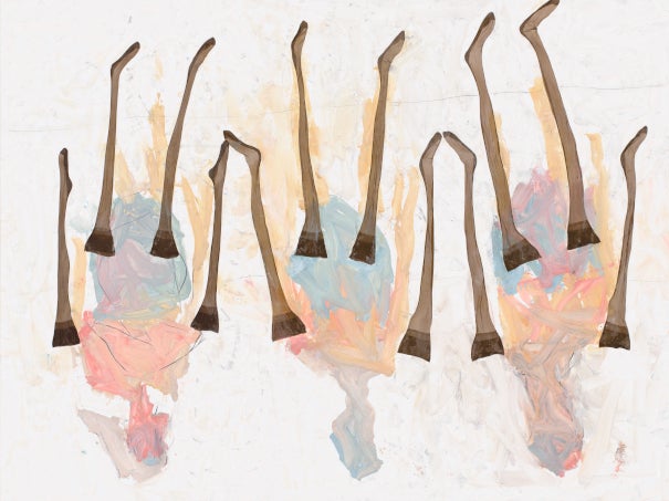 'Nylonparade, [Desfile de medias]', (2022). Óleo, cola de dispersión, plástico y medias de nailon sobre lienzo. 300 x 400 cm.