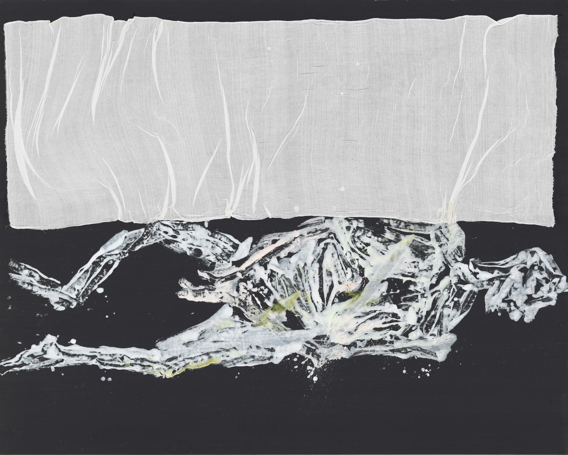 'Weißes Bett, weiß [Cama blanca, blanca]', (2022). Óleo, cola de dispersión y tela sobre lienzo. 200 x 250 cm