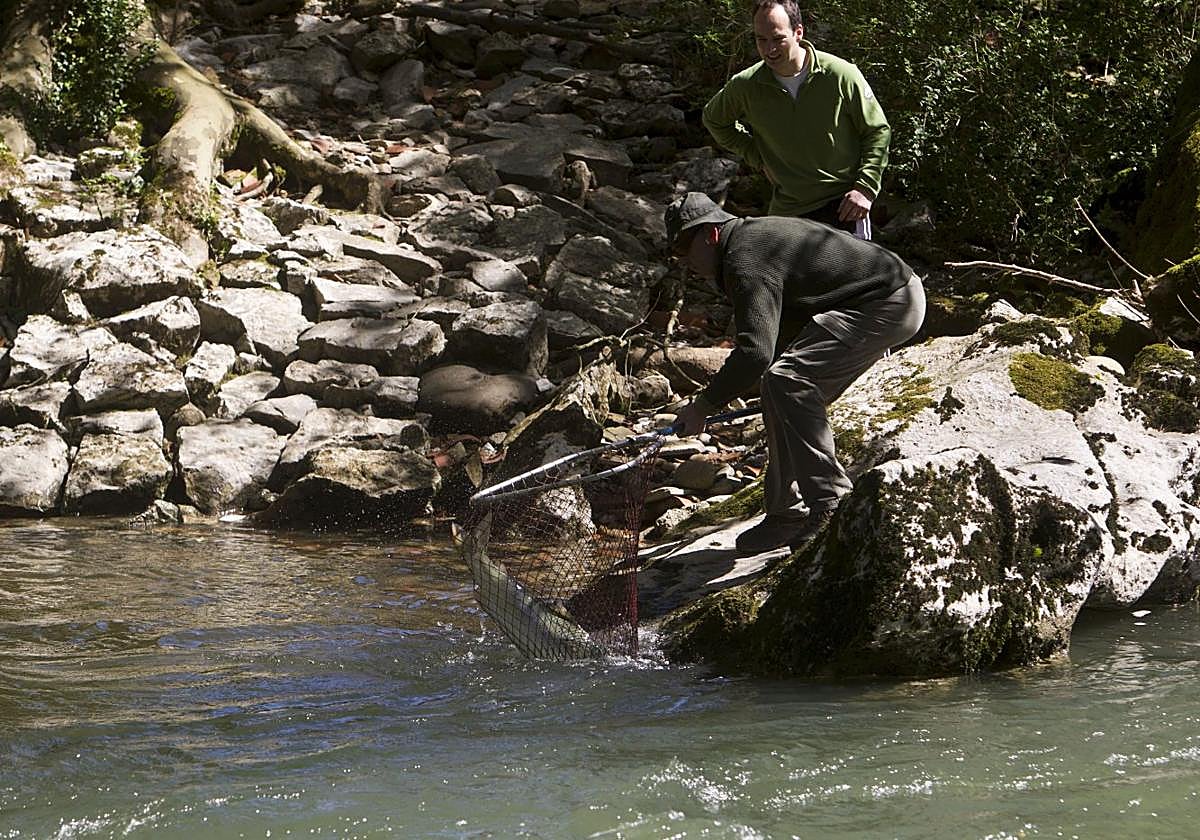 Dos pescadores sacan un salmón a tierra.