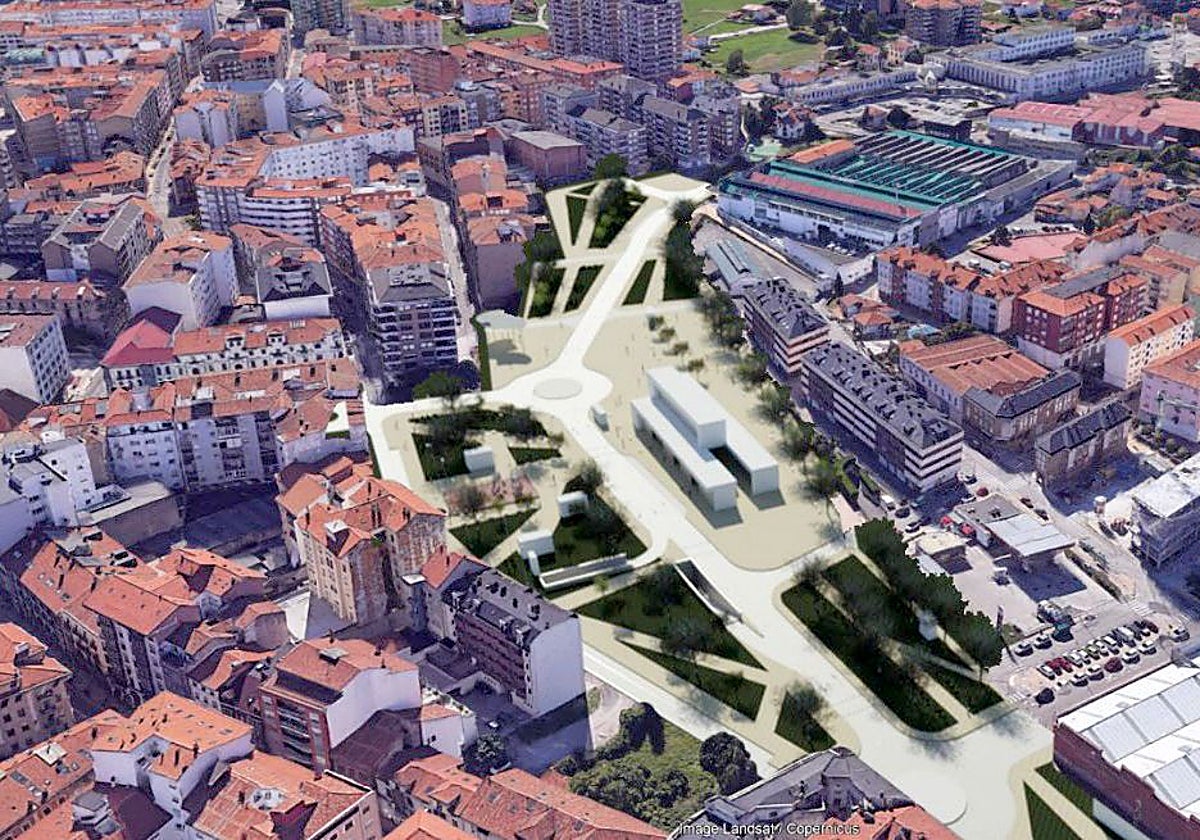 Representación visual de cómo podrían quedar los terrenos liberados por el proyecto de integración ferroviaria en Torrelavega, una vez enterradas las vías bajo la ciudad.