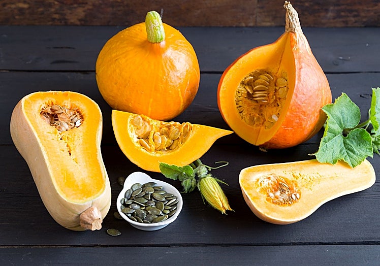 Calabazas de las variedades butternut, cacahuete o violin, y hokkaido o potimarron, dos de las más comerciales especialmente en otoño.