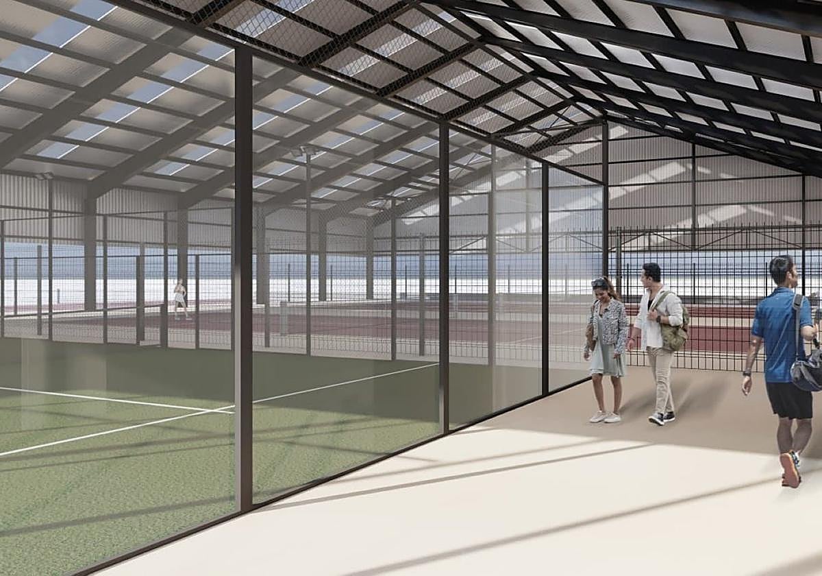Infografía de cómo quedará la futura pista de pádel cubierta de Los Corrales de Buelna.