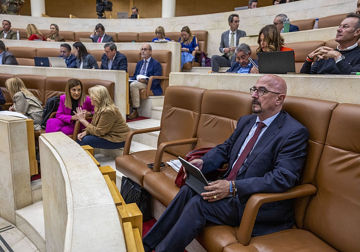 El consejero de Salud, César Pascual, en su asiento durante la celebración del pleno.