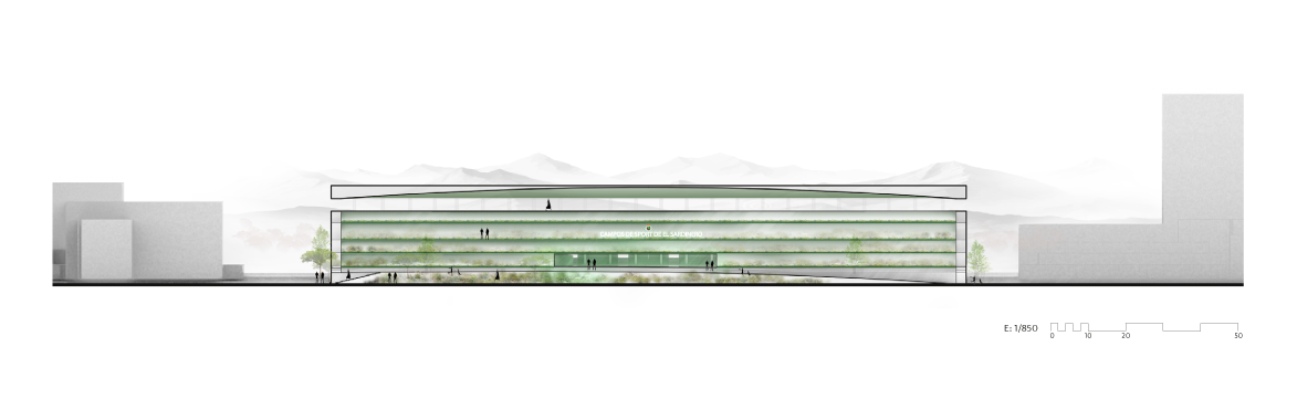 Imagen después - Se cubriría (que no soterraría) el actual aparcamiento para generar una gran plaza, la mayor en superficie de Santander, y un edificio escalonado en forma decreciente desde su nivel exterior al superior, justo al contrario de como se plantea la otra cara, la oeste. Sería la zona destinada a la actividad social ajena el Racing y de la que se podrían obtener beneficios.