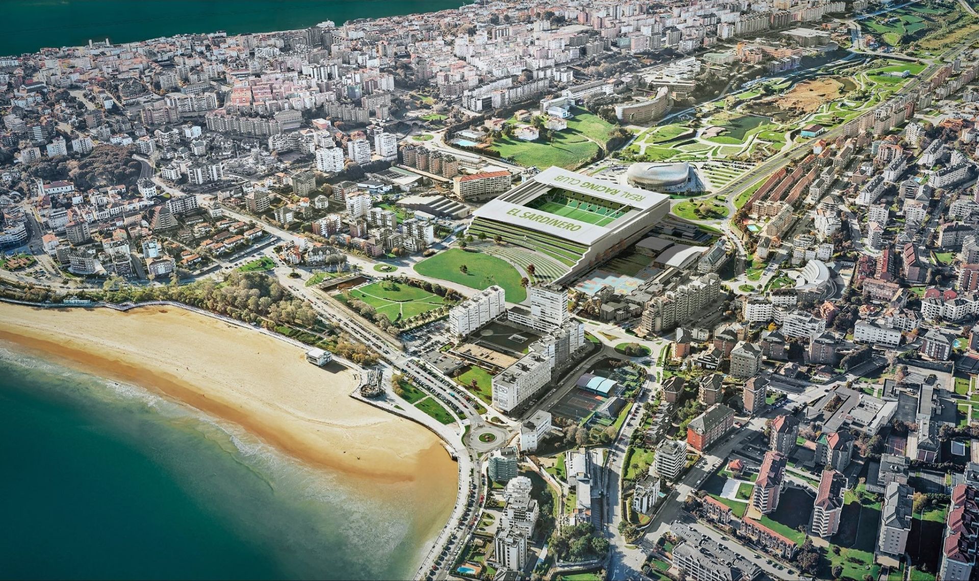 Vista aérea de El Sardinero, con el estadio del Racing y la nueva plaza pública.