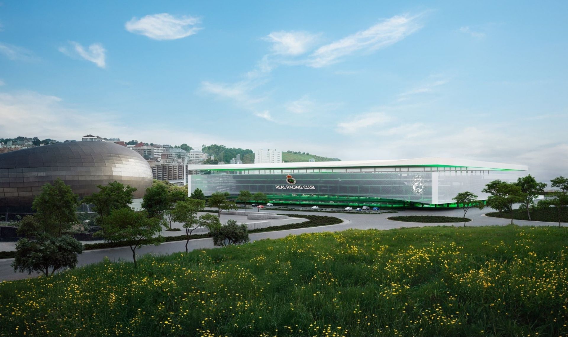 La nueva fachada de los Campos de Sport (zona oeste) y su conexión con el entorno y el Palacio de Deportes ('La Ballena') y el parque de Las Llamas.