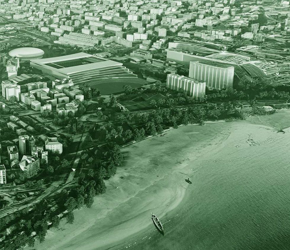 Vista aérea de cómo encajaría en el entorno urbanístico la remodelación y ampliación de los Campos de Sport, que se une con la nueva plaza pública contemplada en el proyecto.