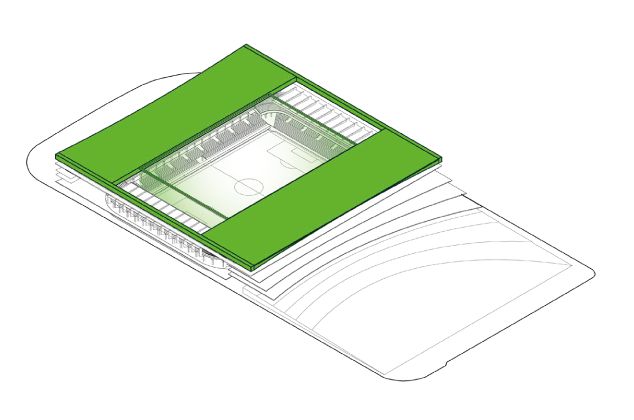 Plano en el que se remarca la remodelación y ampliación del estadio, que comunica con la nueva plaza.