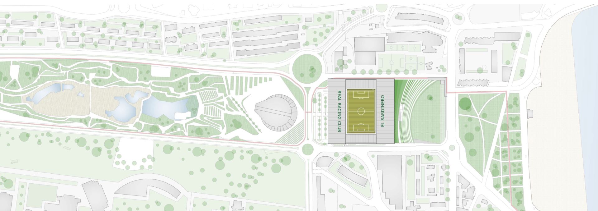 Infografía aérea de cómo encaja el nuevo estadio y la plaza pública en el plano de El Sardinero.