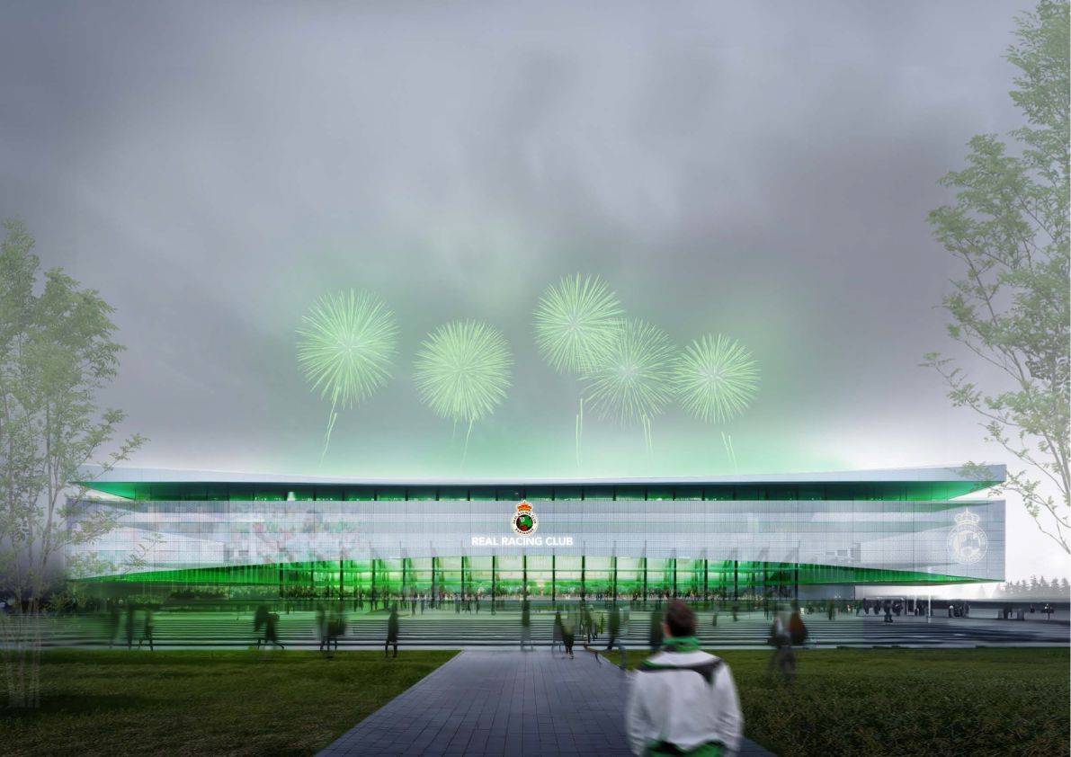 Fachada principal del estadio, la que comunica con 'La Ballena' y el parque de Las Llamas, que ofrece una imagen moderna y contemporánea.
