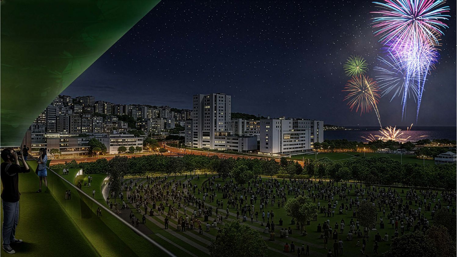 El estadio del Racing pretende ir más allá del fúbtol y se quiere posicionar como un motor económico, social y cultural que acoja diferentes actos. En la infografía, los Campos de Sport se convierten en una 'terraza' desde la que poder disfrutar de los fuegos artificiales.