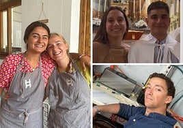 A la izquierda, Alba junto a su amiga Anna, cocinando en Madrid. A la derecha, Juan, el día de su bautismo, en Pascua con su madrina, Marta. Y abajo, Andrés tiene estudios de ciberseguridad.