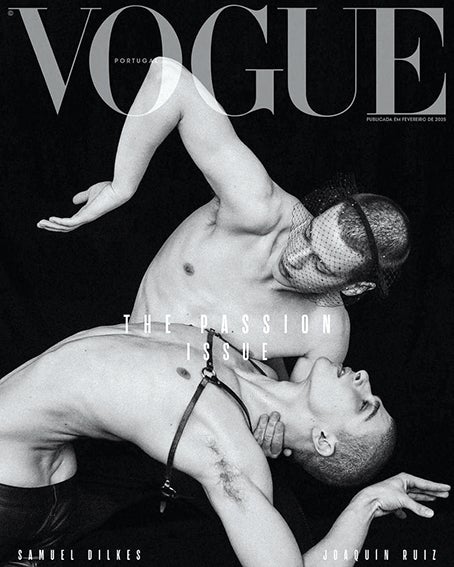 Joaquín, sostenido artísticamente por los brazos de Samuel Dilkes, en la portada de Vogue Portugal.