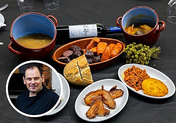 Bodegón de platos de matanza . En el círculo, Joaquín Gutiérrez.