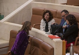 Paula Fernández (PRC) charla con los diputados socialistas Eva Salmón, Raúl Pesquera y Ana Belén Álvarez.