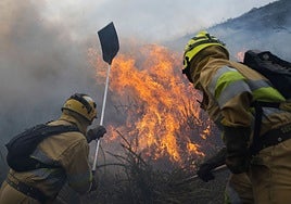 Dos bomberos forestales intentan sofocar un fuego en Ruente.