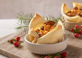 Mini tartas de setas, calabaza, miel y castañas.