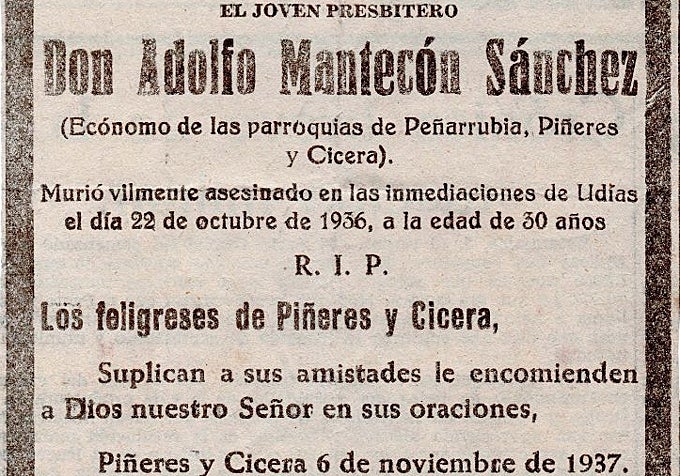 Esquela que realizaron los vecinos de Peñarrubia tras el asesinato de Adolfo.
