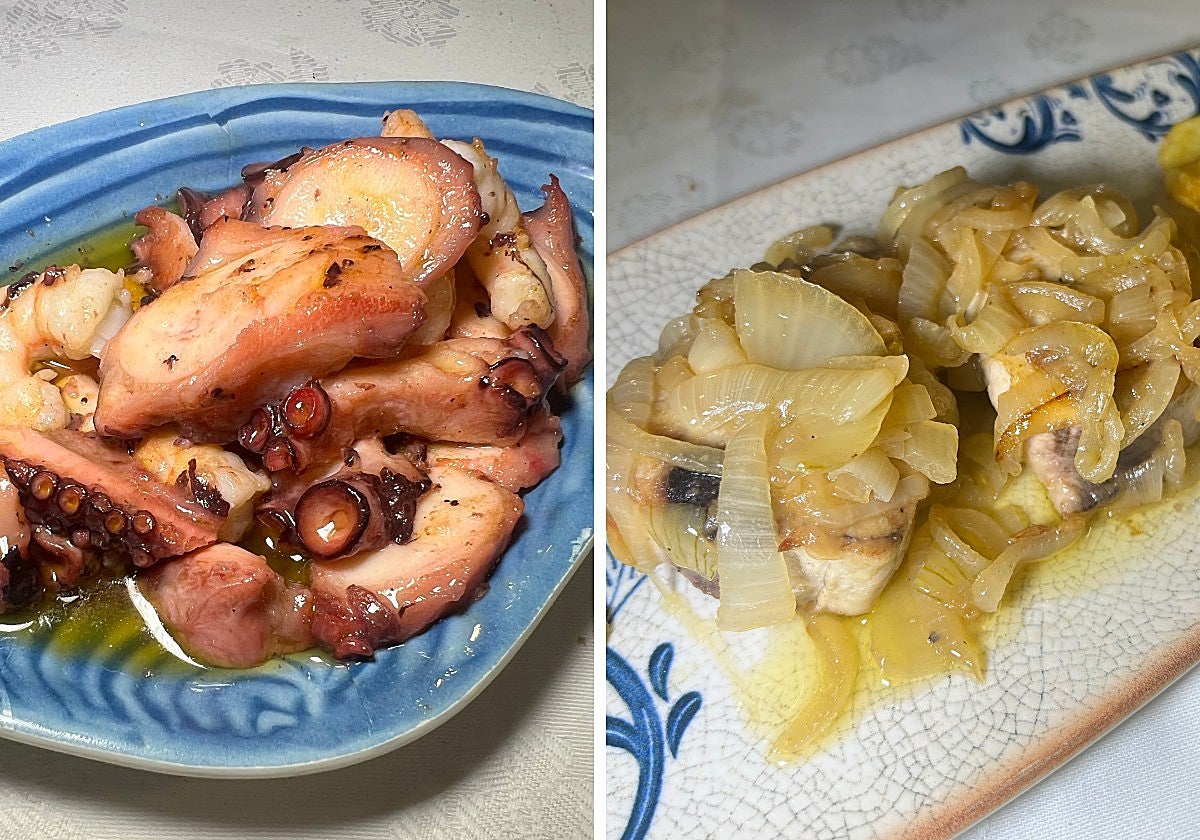 Pulpo con gambas y bonito encebollado.