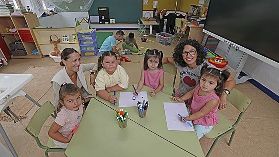 En la mesa del centro, las niñas Aitana, Malena, Martina e India, con sus profesoras Alicia y Sara, y al fondo, Adrián juega con Didier.