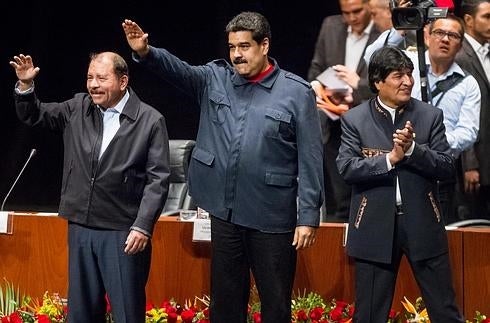 De izquierda a derecha, el presidente de Nicaragua, Daniel Ortega; el presidente de Venezuela Nicolás Maduro y el presidente de Bolivia Evo Morales.