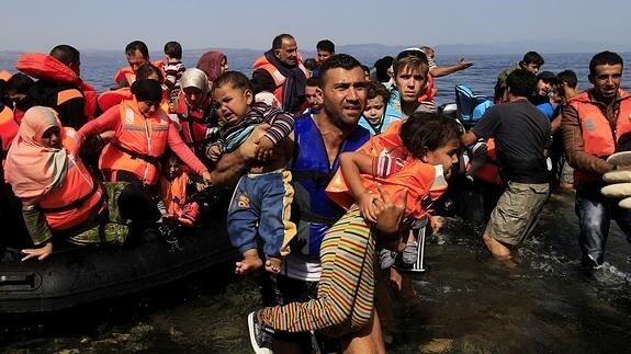 Llegada de refugiados a Lesbos.