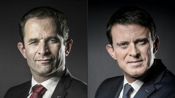 Combo de imágenes de Benoit Hamon y Manuel Valls.