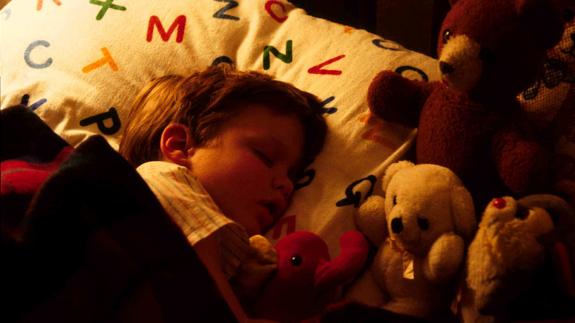 Niño durmiendo con sus peluches. 