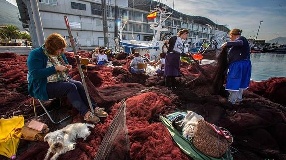 Un grupo de rederas trabaja en la Lonja de Santoña. 