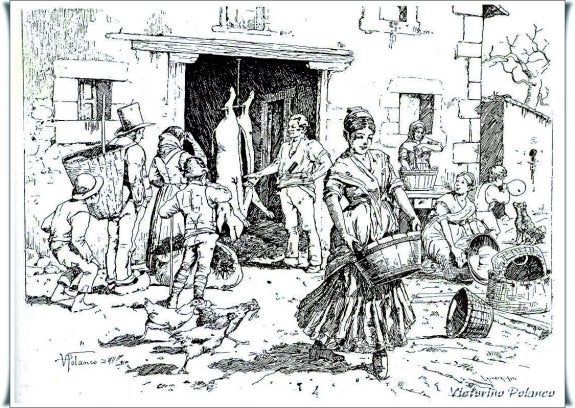 Dibujo de época en el que se representan las diferentes tareas que implica la matanza del cerdo.