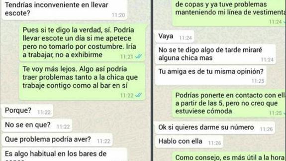 Pantallazos de la conversación por Whatsapp entre el dueño del bar y la chica interesada en el trabajo.