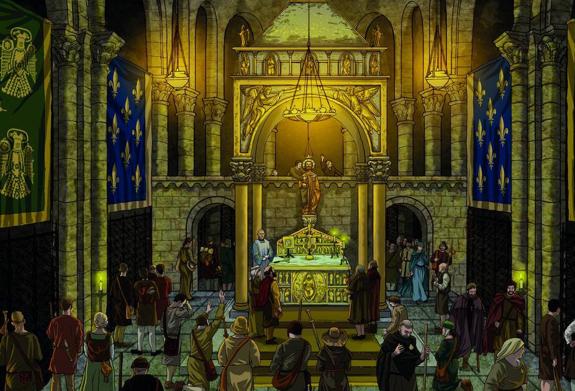  Ritos del peregrino. Al llegar a Compostela, todos los viajeros se encontraban en la majestuosa catedral, donde la muchedumbre participaba de los oficios, de la misa...  El mayor boato se concentraba en la capilla mayor, con su  altar de plata bajo el baldaquino donado por Gelmírez. En  la imagen se advierte la costumbre abrazar la imagen del  santo, un modo de manifestar los pegrinos su gesto de amor al apóstol. 