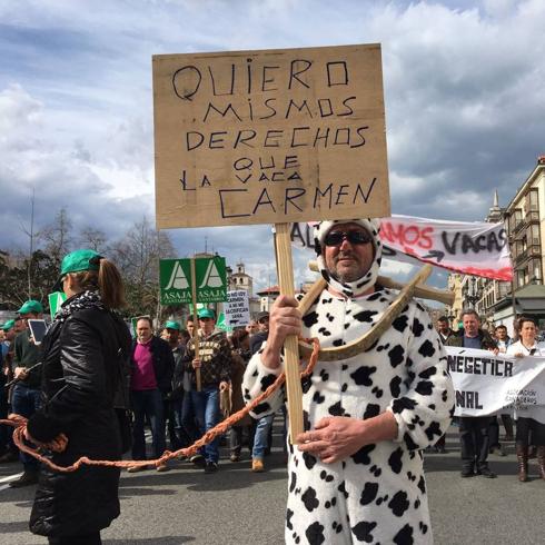 Uno de los manifestantes, disfrazado de vaca.