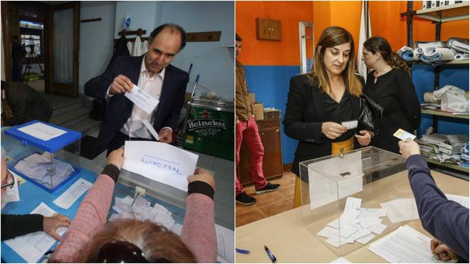 A la izquierda, Ignacio Diego, en el momento de ejercer su voto en la sede de El Astillero. A la derecha, María José Sáenz de Buruaga votó en Suances.