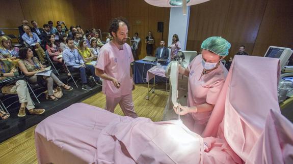 El equipo de Oncología Radioterápica de Valdecilla, durante la intervención simulada de cáncer de mama en el Palacio.